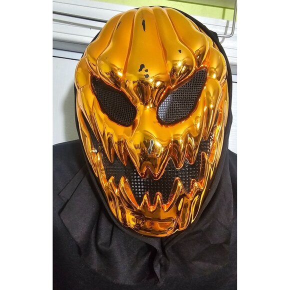 Kids Metallic Hooded Pumpkin Mask & Robe Jack O Lantern Halloween Evil Scary LG - Picture 2 of 3